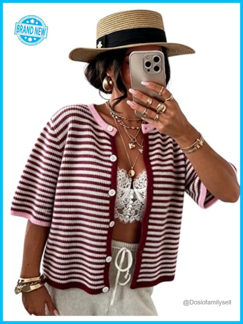 AMEBELLE Women's Short Sleeve Striped Cardigan Button Down Lightweight Knit
